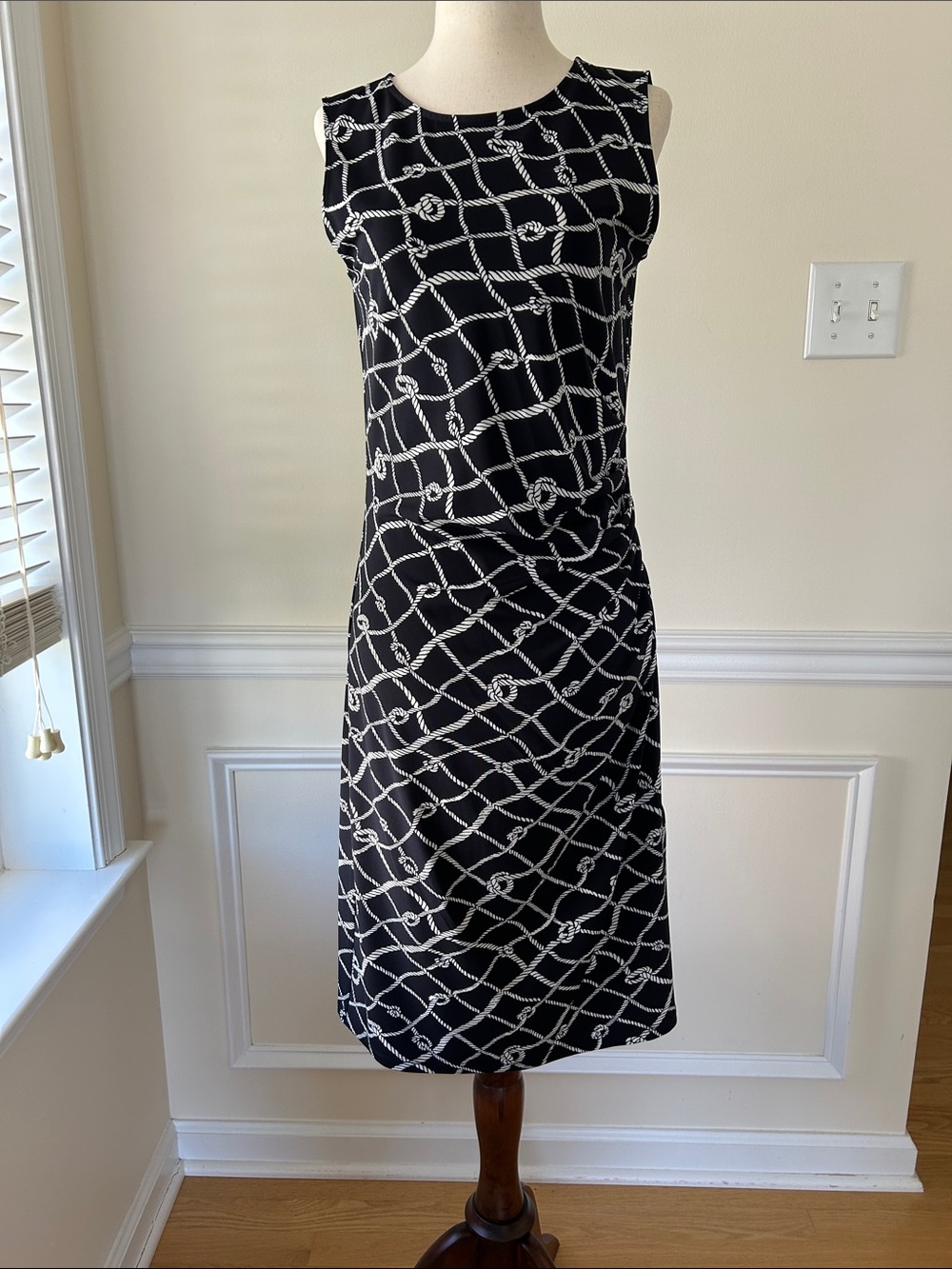 Brooks Brothers Black and White Rope-Print Sleeveless Midi Dress